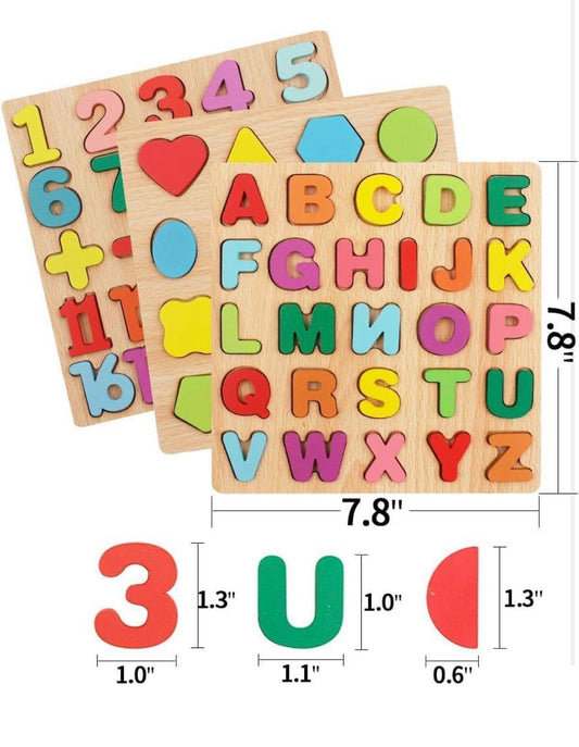 Wooden Educational Puzzle Board Set (Alphabets, Numbers & Shapes)