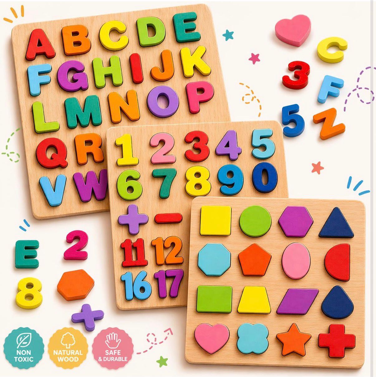 Wooden Educational Puzzle Board Set (Alphabets, Numbers & Shapes)